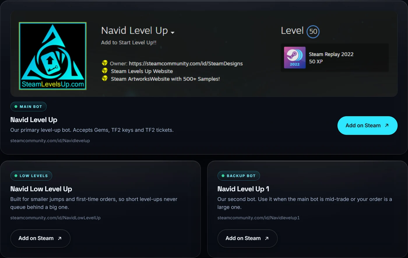 The three Steam Levels Up trading bots listed on the homepage